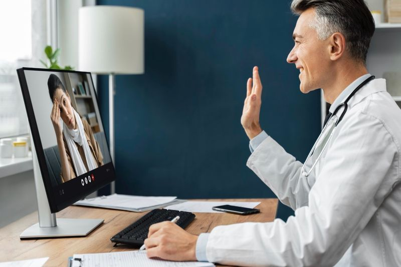 An orthopedic clinician waving to a patient during a video visit from their office